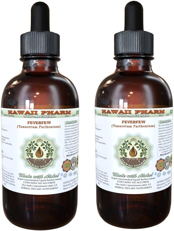 Extrato Líquido de Tanaceto Sem Álcool, Orgânico Tanaceto (Tanacetum parthenium) Erva Seca Glicerito Hawaii Pharm Suplemento Herbal Natural 2×120 ml
