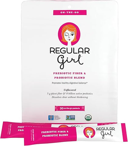 Pó Orgânico, Suplemento de Fibra Prebiótica e Probióticos para Mulheres, Baixo FODMAP, 30 Pacotes Práticos, Sem Sabor, 30 Porções - Regular Girl