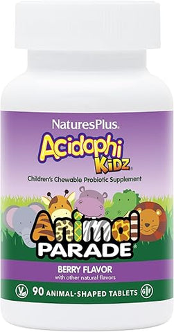 Animal Parade AcidophiKidz, Sabor de Frutas Vermelhas – 90 Comprimidos Mastigáveis em Formato de Animais – com Probióticos, FOS - Natures Plus
