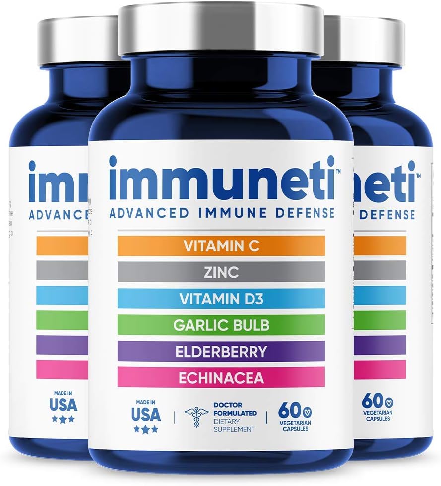 Immuneti Nutrition - Immuneti – Defesa Imunológica Avançada, Fórmula Poderosa 6 em 1 com Vitamina C, Vitamina D3, Zinco, Sabugueiro, Alho, Equinácea – 3 Pacotes – Suporte para Saúde Geral