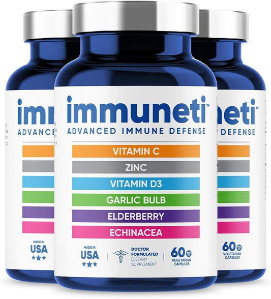 Immuneti Nutrition - Immuneti – Defesa Imunológica Avançada, Fórmula Poderosa 6 em 1 com Vitamina C, Vitamina D3, Zinco, Sabugueiro, Alho, Equinácea – 3 Pacotes – Suporte para Saúde Geral