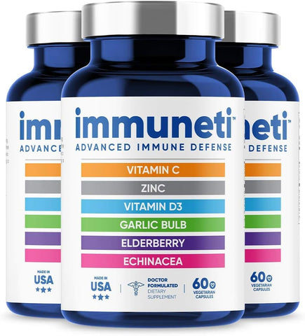 Immuneti Nutrition - Immuneti – Defesa Imunológica Avançada, Fórmula Poderosa 6 em 1 com Vitamina C, Vitamina D3, Zinco, Sabugueiro, Alho, Equinácea – 3 Pacotes – Suporte para Saúde Geral