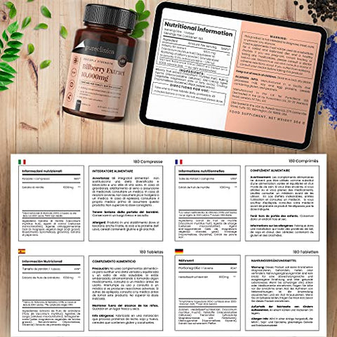 pureclinica - Bilberry Extract 10.000mg x 180 Comprimidos – 10X Mais Antocianidina + 5mg Pimenta Preta por Comprimido