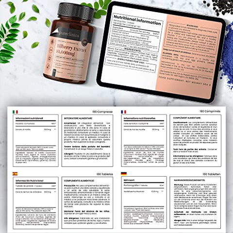 pureclinica - Bilberry Extract 10.000mg x 180 Comprimidos – 10X Mais Antocianidina + 5mg Pimenta Preta por Comprimido