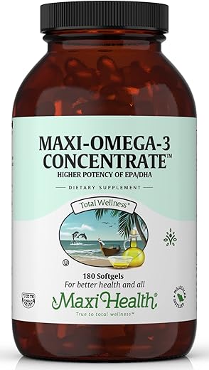 Maxi Health - Omega 3 Concentrado de Óleo de Peixe – Fonte Potente de Ácidos Graxos EPA/DHA – Saúde do Coração e Cérebro – 100% Natural
