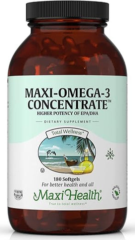 Maxi Health - Omega 3 Concentrado de Óleo de Peixe – Fonte Potente de Ácidos Graxos EPA/DHA – Saúde do Coração e Cérebro – 100% Natural
