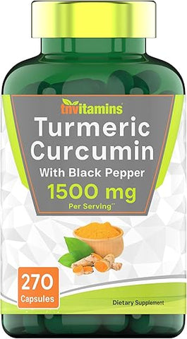 tnvitamins - Cápsulas de Cúrcuma Curcumina com Pimenta Preta | 1500 MG – 270 Cápsulas | Tamanho Econômico – Suprimento de 3 Meses! | Suplemento de Cúrcuma Curcumina Dourada com Pimenta Preta | Não-OGM | Produzido