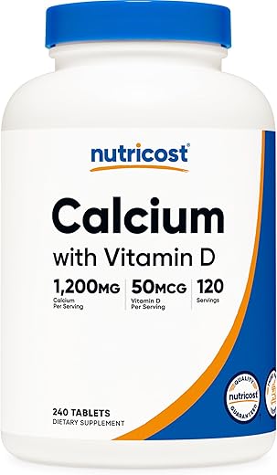 Cálcio com Vitamina D, 240 Comprimidos – Cálcio (1200mg) Vitamina D (50mcg) Por Porção – Livre de Transgênicos, Sem Glúten - Nutricost