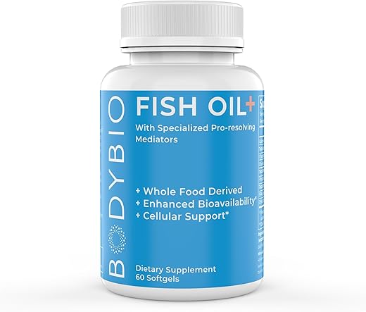 Óleo de Peixe BodyBio com Mediadores Especializados de Resolução de Inflamação – Suporte à Resposta Inflamatória Saudável – Extrato de Caviar de Arenque para Saúde da Pele, Conforto Articular e Saúde Cerebral – 60 cápsulas