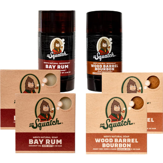 Pack Variedade de Sabonetes e Desodorantes para Homens – Feitos à Mão com Óleos Orgânicos, Livres de Alumínio – Wood Barrel Bourbon e Bay Rum – Sabonetes Naturais Masculinos - Dr. Squatch