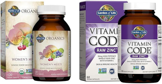 Multivitamínico Feminino e Suplemento de Zinco, Vitaminas Orgânicas com Ácido Fólico, Vitamina C, D, B6, B12, Biotina e Zinco para Energia, Pele, Unhas, Imunidade e Próstata - Garden of Life