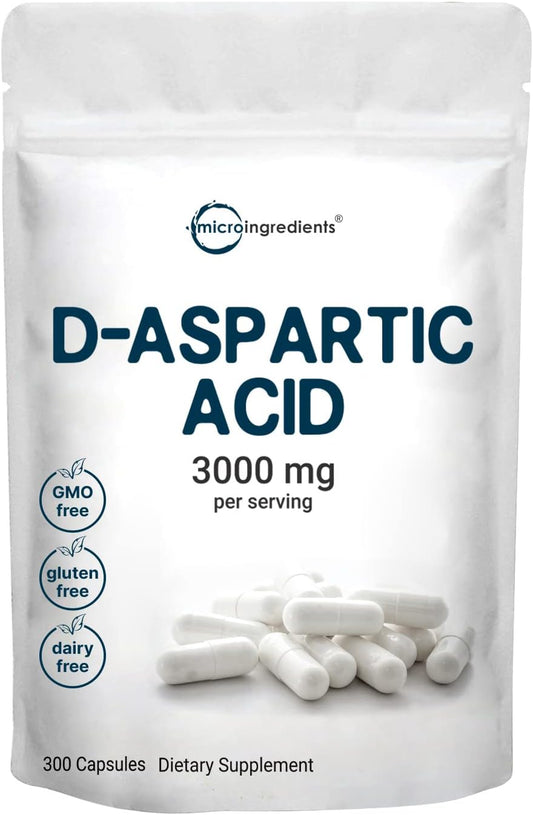 Suplemento de D Aspartic Acid em Cápsulas, 3000mg por Porção, 300 Cápsulas, Ácido D Aspártico Premium, Sem OGM - Micro Ingredients