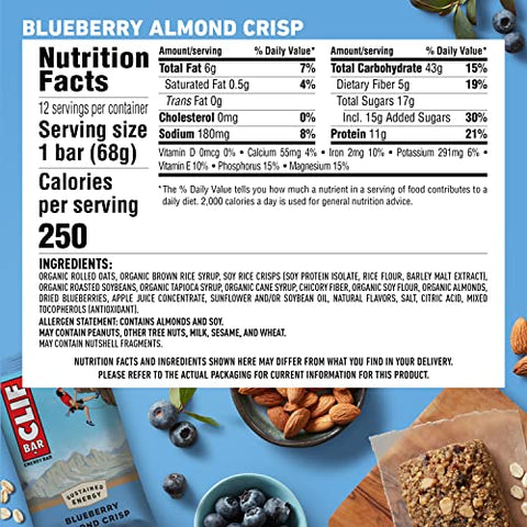 Clif Bar - Barras de Energia CLIF – Blueberry Almond Crisp – Aveia Orgânica – Alimento à Base de Plantas – Vegetariano – Kosher (Barras de Proteína de 2,4 Ounces, 12 Unidades)