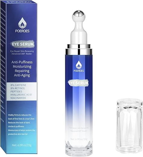 POEROES - Sérum para os Olhos com 8% de Cafeína, 8% de Retinol, Ácido Hialurônico, Niacinamida e Peptídeos para Bolsas nos Olhos, Linhas Finas, Olheiras e Rugas – Creme para os Olhos com Massageador 360°