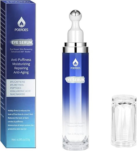 POEROES - Sérum para os Olhos com 8% de Cafeína, 8% de Retinol, Ácido Hialurônico, Niacinamida e Peptídeos para Bolsas nos Olhos, Linhas Finas, Olheiras e Rugas – Creme para os Olhos com Massageador 360°