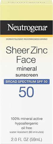 Protetor Solar Neutrogena Sheer Zinc Oxide FPS 50 Toque Seco para o Rosto, Livre de Óleo, Não Comedogênico