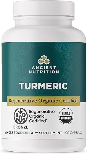 Cápsulas de Cúrcuma Certificadas Regenerativas Orgânicas, Uso Diário, Suplemento para Articulações e Suporte à Inflamação, Livre de Glúten, Amigável à Dieta Paleo e Keto, 90 Unidades - Ancient Nutrition