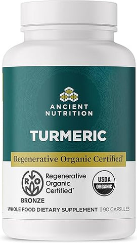 Cápsulas de Cúrcuma Certificadas Regenerativas Orgânicas, Uso Diário, Suplemento para Articulações e Suporte à Inflamação, Livre de Glúten, Amigável à Dieta Paleo e Keto, 90 Unidades - Ancient Nutrition