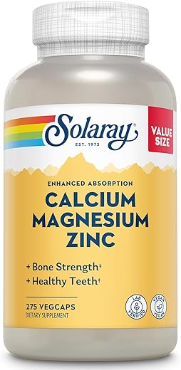 Suplemento SOLARAY de Cálcio Magnésio Zinco – com Cálcio 1000mg, Magnésio 500mg – Saúde Óssea, Função Muscular, Saúde Cardíaca e Suporte Imunológico – Vegano, Garantia de 60 Dias, 68g