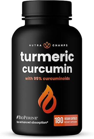 NutraChamps - Curcumina de Cúrcuma com Extrato de Pimenta Preta 1500mg | 95%% Curcuminoides Suplemento Extra Forte para Saúde das Articulações, Cérebro, Coração | 1500mg | Saúde Articular, Cérebro, Coração
