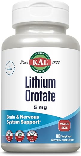 Lithium Orotate 5mg: Suporte para Cérebro, Sistema Nervoso e Humor, Vegan, Não-OGM, Extrato de Arroz Orgânico, Alta Biodisponibilidade - KAL