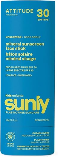 ATTITUDE - Protetor Solar Mineral em Bastão para Rosto de Crianças, FPS 30, Verificado pelo EWG, Livre de Plástico, Proteção UVA/UVB de Amplo Espectro com Óxido de Zinco, Testado Dermatologicamente, Vegano, Sem Fragrância