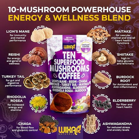 WIXAR NATURALS - WIXAR Café Instantâneo em Pó Superfood de Cogumelo – 10 Extratos Superfood com Lion’s Mane, Turkey Tail, Reishi, Chaga, Shiitake, Ashwagandha, Rhodiola Rosea, Elderberry – 100g