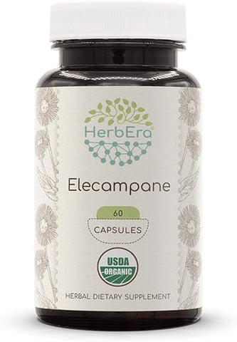 HerbEra - Elecampane Orgânico USDA 60 Cápsulas | Suplemento Herbal Natural | Cápsulas Vegetarianas Certificadas Orgânicas e Raiz Seca de Elecampane Orgânico (Inula Helenium) (60 Cápsulas)