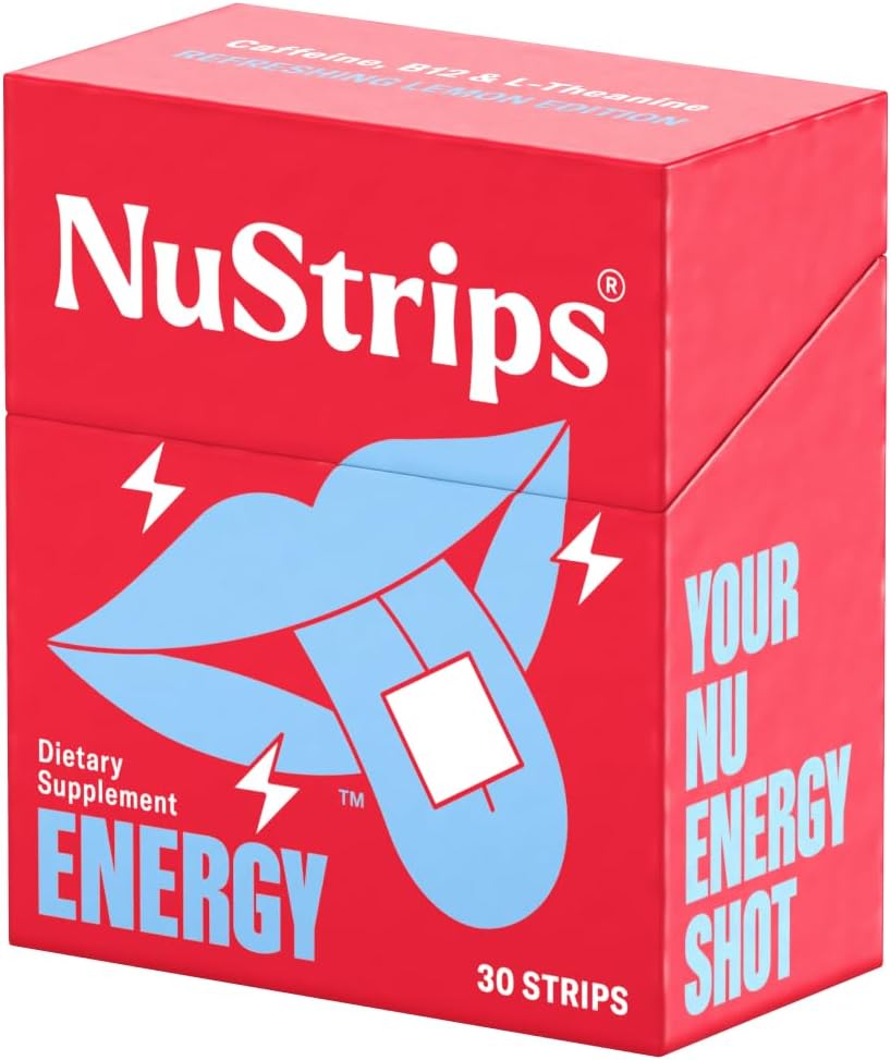 NuStrips - Energia Natural | Tiras Energéticas Instantâneas com 50mg de Cafeína, L-Teanina, Vitamina B12 | 30 Tiras Energéticas = 30 Bebidas Energéticas | Absorção 5X Mais Rápida