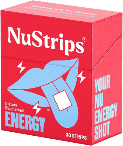 NuStrips - Energia Natural | Tiras Energéticas Instantâneas com 50mg de Cafeína, L-Teanina, Vitamina B12 | 30 Tiras Energéticas = 30 Bebidas Energéticas | Absorção 5X Mais Rápida