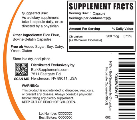 com – Picolinato de Cromo 200mcg – Cápsulas de Picolinato de Cromo, Suplemento de Cromo, Cápsulas de Cromo – Livre de Levedura, Livre de Glúten, 1 Cápsula por Porção, 365 Cápsulas - BulkSupplements