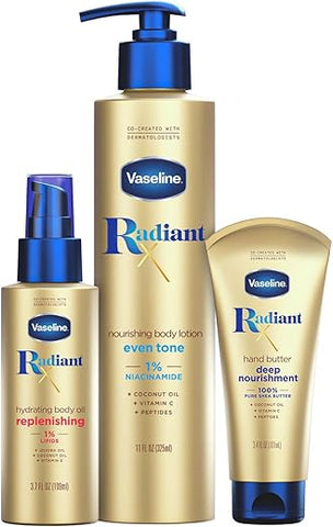 Conjunto de Cuidados com a Pele Vaseline Radiant X – Loção Corporal Nutritiva para Tom Uniforme com 1%% de Niacinamida – 100g