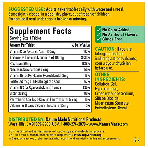 Super B Complex com Vitamina C e Ácido Fólico, Suplemento Dietético para Suporte Imunológico, 360 Comprimidos, Fornecimento de 360 Dias - Nature Made