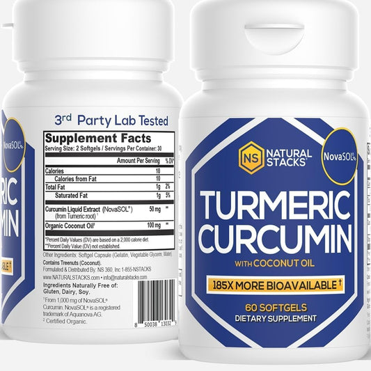 NATURAL STACKS - Curcumina de Cúrcuma – 185x Mais Bioabsorvível – Suporte para Articulações, Coração e Função Cerebral, Imunidade – 100mg Óleo de Coco Orgânico para Absorção Rápida – 60 Cápsulas