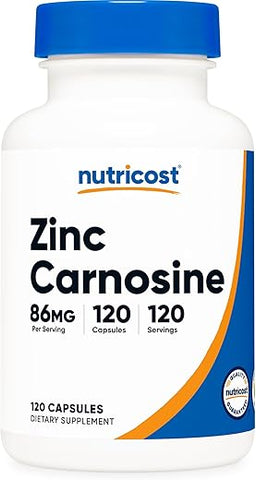Zinc Carnosine 86mg – 120 Cápsulas | Livre de Transgênicos, Sem Glúten | Suplemento de Zinco L-Carnosina - Nutricost