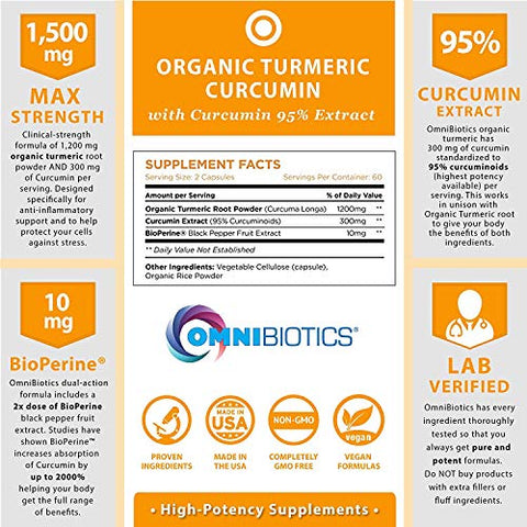 OmniBiotics - Suplemento de Extrato de Cúrcuma Orgânica 1500mg com BioPerine e 95%% de Extrato de Curcuminoides – Cápsulas de Cúrcuma com Pimenta Preta (10mg) – 120 Cápsulas