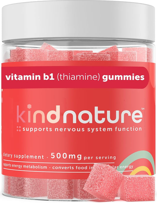 kindnature - Kind Nature Gummies de Vitamina B1 – Mastigáveis de Tiamina 500mg por Porção – Não Transgênico, Vegano, Sabor Natural de Morango – Suplemento de Tiamina B1 para Adultos