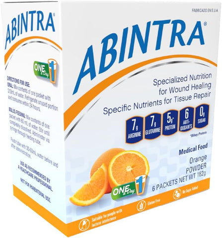 Suplemento Nutricional Especializado para Cicatrização de Feridas com L-Arginina, L-Glutamina, Proteína do Soro do Leite, Vitaminas e Minerais, Sabor Laranja, 6 Pacotes, 27g Cada, Fabricado nos EUA - ABINTRA