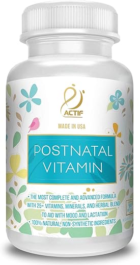 Vitaminas Pós-Natal com 25 Vitaminas Orgânicas e Ervas Orgânicas, Suplemento para Amamentação e Lactação, Apoia o Desenvolvimento do Cérebro do Bebê, Não-OGM, Fabricado nos EUA, 90 Comprimidos - ACTIF