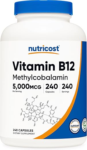 Vitamina B12 (Metilcobalamina) 5000mcg, 240 Cápsulas – Cápsulas Vegetarianas, Livre de Transgênicos, Sem Glúten - Nutricost