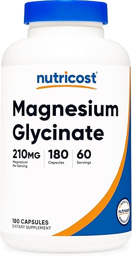 Cápsulas de Magnésio Glicinato (180 Cápsulas, 210 mg de Magnésio Glicinato por Porção) – Suplemento de Magnésio Glicinato para Absorção Suave - Nutricost