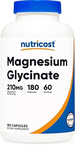 Cápsulas de Magnésio Glicinato (180 Cápsulas, 210 mg de Magnésio Glicinato por Porção) – Suplemento de Magnésio Glicinato para Absorção Suave - Nutricost