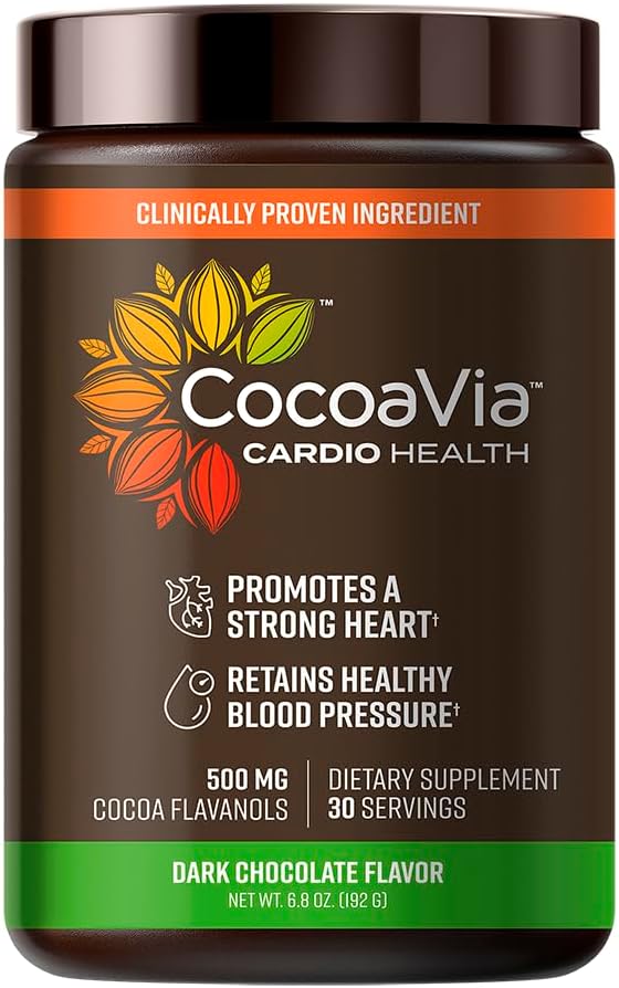 Pó de Cacau para Saúde Cardiovascular, 30 Porções, 500mg de Flavanóis de Cacau, Apoio à Saúde do Coração, Aumenta Óxido Nítrico, Melhora Circulação, Energia, Pré-treino, Vegano, Chocolate Amargo - CocoaVia