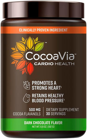 Pó de Cacau para Saúde Cardiovascular, 30 Porções, 500mg de Flavanóis de Cacau, Apoio à Saúde do Coração, Aumenta Óxido Nítrico, Melhora Circulação, Energia, Pré-treino, Vegano, Chocolate Amargo - CocoaVia