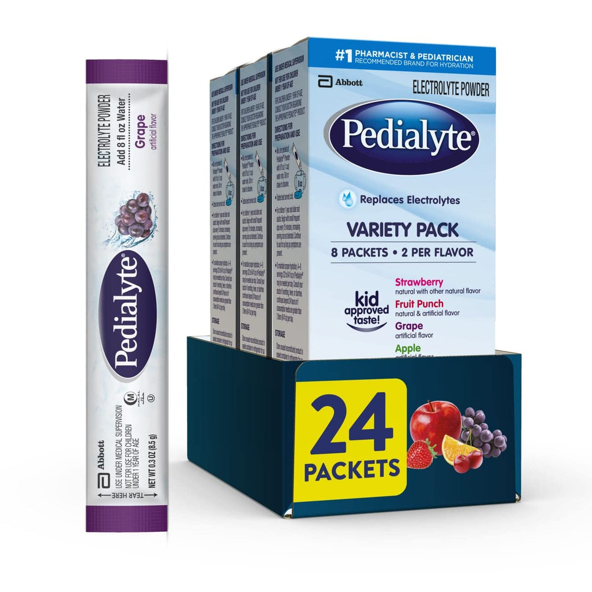 Pacotes de Pó Eletrolítico, Variedade, Bebida Hidratante, 8 Unidades (Pacote com 3) Pacotes de Pó em Porções Individuais - Pedialyte