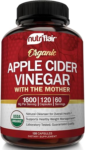NutriFlair - Apple Cider Vinegar Capsules com The Mother – 120 Pílulas Veganas de ACV – Melhor Suplemento para Perda de Peso Saudável, Dieta, Keto, Digestão, Desintoxicação, Imunidade – Poderoso Limpador