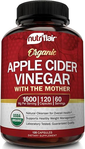 NutriFlair - Apple Cider Vinegar Capsules com The Mother – 120 Pílulas Veganas de ACV – Melhor Suplemento para Perda de Peso Saudável, Dieta, Keto, Digestão, Desintoxicação, Imunidade – Poderoso Limpador