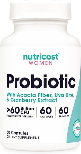 Probiótico para Mulheres 60 Bilhões UFC, 60 Cápsulas, Complexo com Fibra de Acácia, Uva Ursi | Nutricost Probiótico Mulheres 60 Bilhões UFC, 60 Cápsulas, Complexo com Fibra de Acácia, Uva Ursi - Nutricost