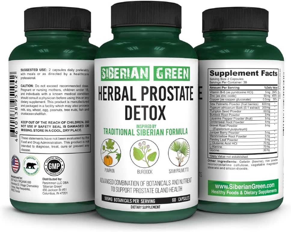 Siberian Green - Desintoxicação Prostática Herbal 60 Cápsulas – Fórmula Tradicional Siberiana de Abóbora, Palmeira Anã e Bardana