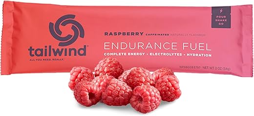 Endurance Fuel: Pó para Bebida Energética com Cafeína, Eletrólitos, Sem OGM, Sem Soja, Sem Laticínios e Sem Glúten, Vegano, Sabor Framboesa, Embalagem com 12 Unidades - Tailwind Nutrition